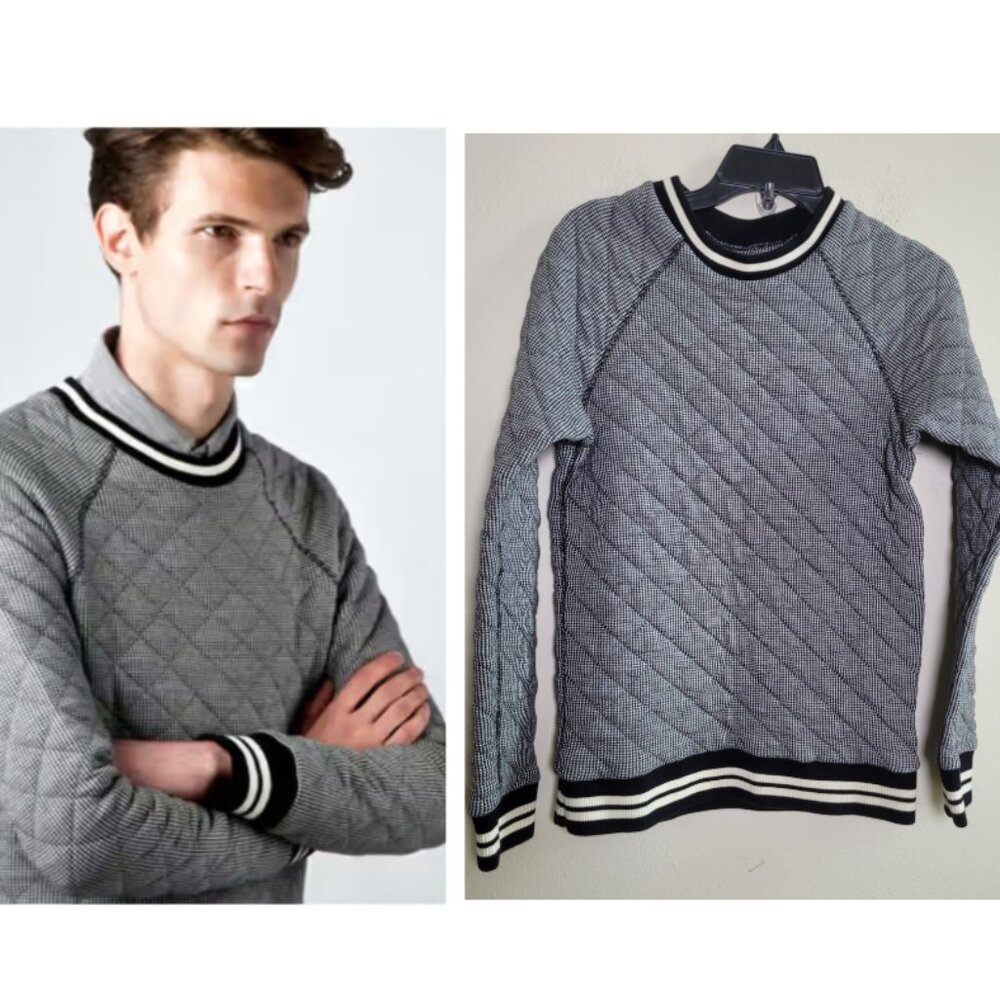 Band Of Outsiders Grey Quilted Crewneck Sweater with Black & White Striped Trim